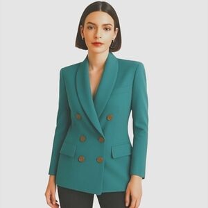 ATRIUM Dupioni Double-Breasted Blazer with Shawl Lapel Jacket Light Teal 10
